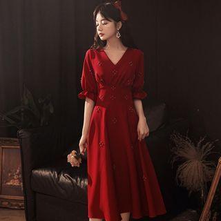 Puff-sleeve Studded Midi A-line Dress