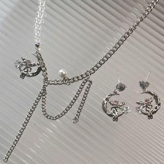 Rhinestone Moon Pendant Necklace / Drop Earring