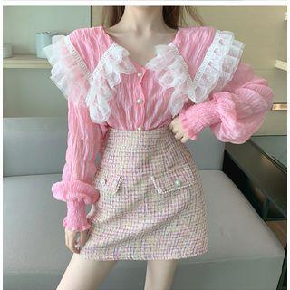 Lace Long-sleeve Shirt / High Waist Plaid Skirt