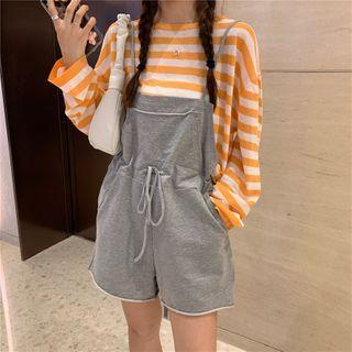 Long-sleeve Striped T-shirt / Tie Waist Plain Playsuit