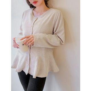 Faux-pearl Button Corduroy Peplum Blouse