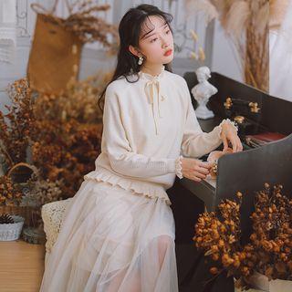 Set: Frill Trim Tie-neck Sweater + Mesh Slipdress
