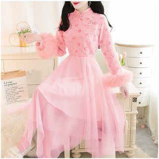 Long-sleeve Mesh-panel Embroidered Dress