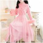 Long-sleeve Mesh-panel Embroidered Dress