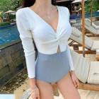 Long-sleeve Shirred Cutout Swimsuit