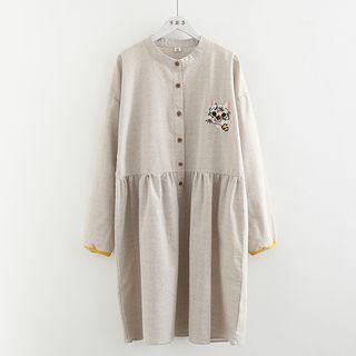 Cat Embroidered Long-sleeve Dress As Shown In Figure - One Size