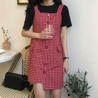 Gingham Wide-strap Buttoned Dress