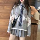 Plain Shirt With Tie / Mini A-line Pleated Skirt / Argyle Sweater