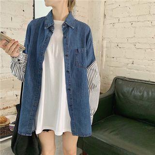 Striped Loose-fit Denim Jacket Blue - One Size
