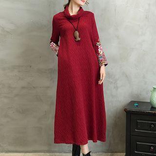 Embroidered Turtleneck Long Sleeve Midi Dress
