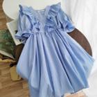 Striped V-neck Puff-sleeve Dress
