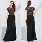 Lace Panel Short-sleeve A-line Evening Gown