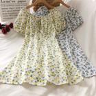 Off-shoulder Floral Puff-sleeve A-line Dress