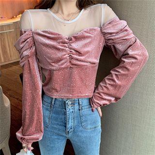 Bell-sleeve Cold-shoulder Glitter Top