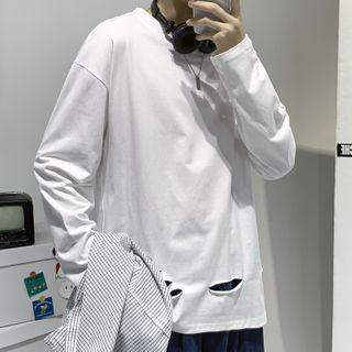 Round-neck Plain Long-sleeve Ripped Top