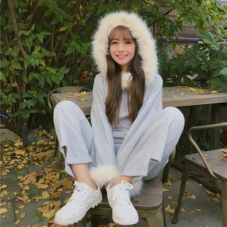 Set: Fluffy Trim Long-sleeve Hoodie + Pants