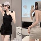 Hooded Cutaway-back Shirred-front Minidress