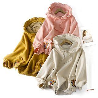 Ruffle Trim Flower Embroidered Hoodie