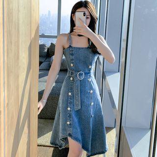 Spaghetti Strap Belted A-line Denim Dress