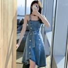 Spaghetti Strap Belted A-line Denim Dress