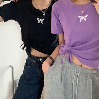 Short-sleeve Drawstring Side Butterfly Printed T-shirt