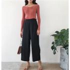 Plain Wide Leg Pants / Lace Up Long-sleeve Knit Sweater