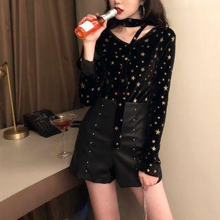 Long-sleeve Velvet Star Sequined Top Black - One Size