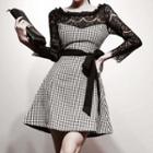 Long-sleeve Lace Houndstooth Mini A-line Dress