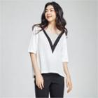 Elbow-sleeve Contrast-trim Knit Top White - One Size