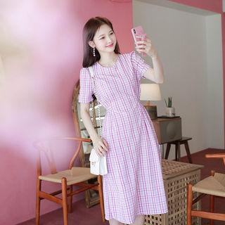 Round-neck Tie-waist Plaid Midi Dress