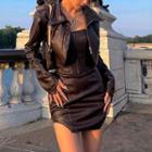 Zip-up Faux Leather Jacket / Strapless Mini Sheath Dress