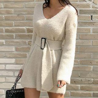 Long-sleeve Belted Mini Knit Sheath Dress Almond - One Size