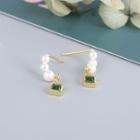 Rhinestone Faux Pearl Sterling Silver Dangle Earring 1 Pair - Gold Trim - Green - One Size