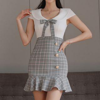 Short-sleeve Plaid Panel Mermaid Dress