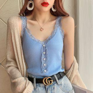 V-neck Lace Trim Henley Tank Top