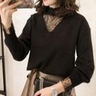 Mock Two-piece Long-sleeve Mesh Paneled Knit Top