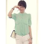 Mandarin-collar Puff-sleeve Blouse
