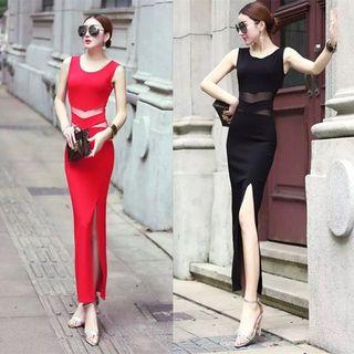 Sleeveless Sheer Panel Maxi Sheath Dress