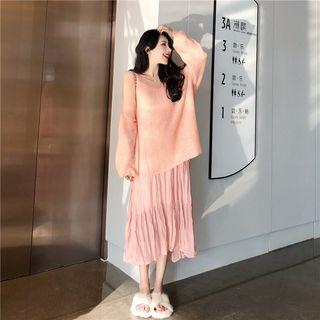 Long-sleeve Knit Top/ Spaghetti Strap Midi A-line Dress