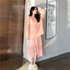Long-sleeve Knit Top/ Spaghetti Strap Midi A-line Dress