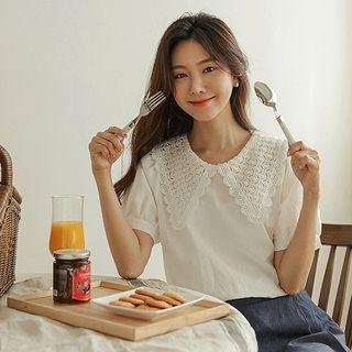 Lace-collar Puff-sleeve Linen Blouse
