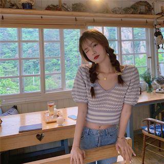 Striped V-neck Short Puff-sleeve Knitted Cropped Top