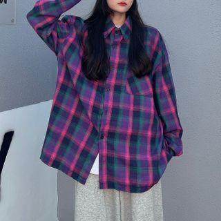 Plaid Shirt Jacket Plaid - Purple & Pink - One Size