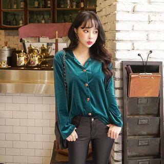 Open-placket Velvet Blouse