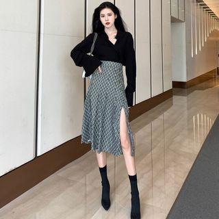 V-neck Long-sleeve Shirt + High-waist Skirt Set