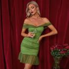 Off-shoulder Mesh Panel Faux Pearl Mini Corset Dress