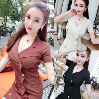Short-sleeve Double-breasted Ribbed Knit Dress