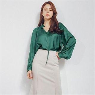 Tie-neck Shirred Satin Blouse