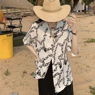 Elbow-sleeve Open-collar Chain Print Shirt / Wide Leg Pants
