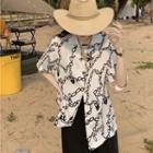 Elbow-sleeve Open-collar Chain Print Shirt / Wide Leg Pants
